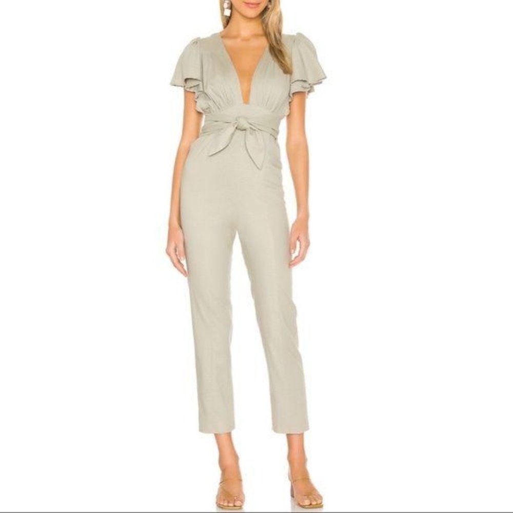 Lovers+Friends Ruffle Jumpsuit Linen Deep V Straight Leg Tie Sage Green NEW